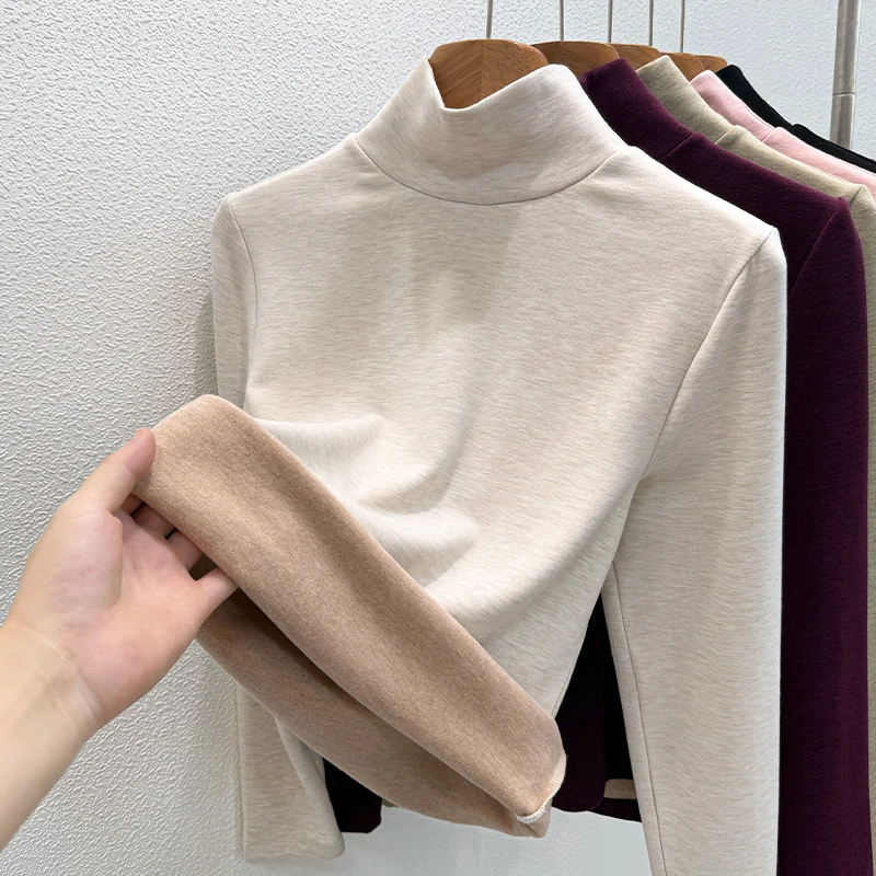 Women's Wool Mock Neck Long‑Sleeve Top, 2026 Fall Winter New, Mulberry Silk Fleece‑Lined Thick Heat‑Generating Thermal Inner Wea
