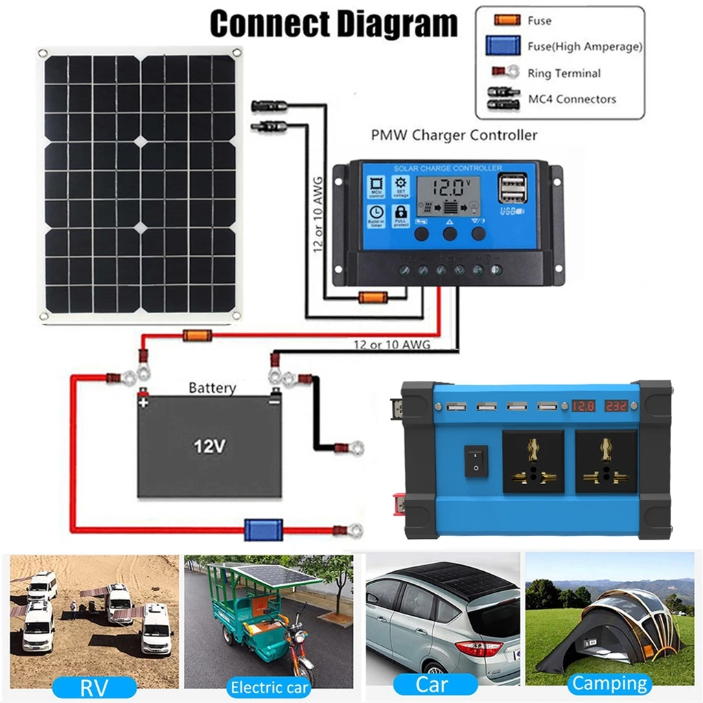 Solar System Kit Combination 6000W Inverter 30A Controller 300W Solar Panel 12V to 220V/110V Smart Charge & Discharge Camping