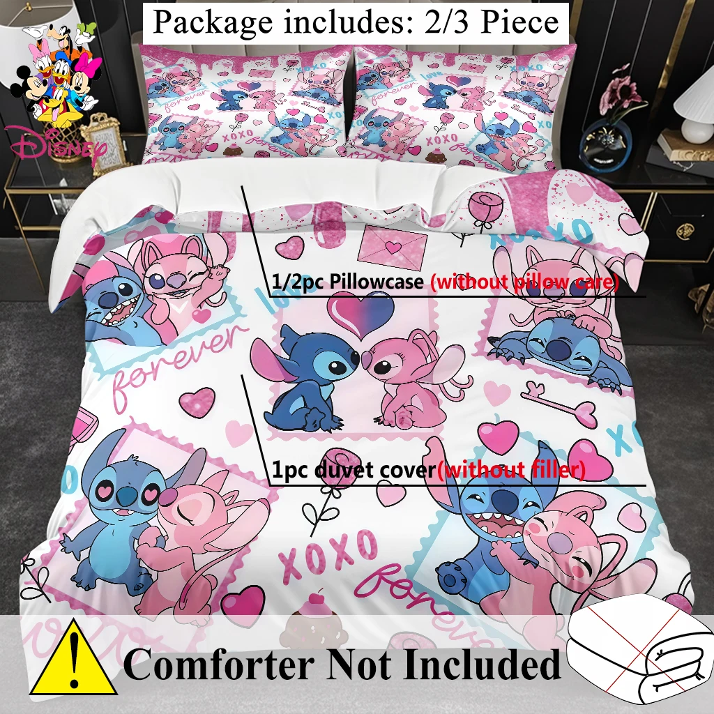 طقم غطاء لحاف ديزني ستيتش 2/3 قطعة بدون حشو، موضوع قلب للزوجين مناسب لغرف النوم العائلية وغرف الضيوف، للاستخدام في جميع المواسم
