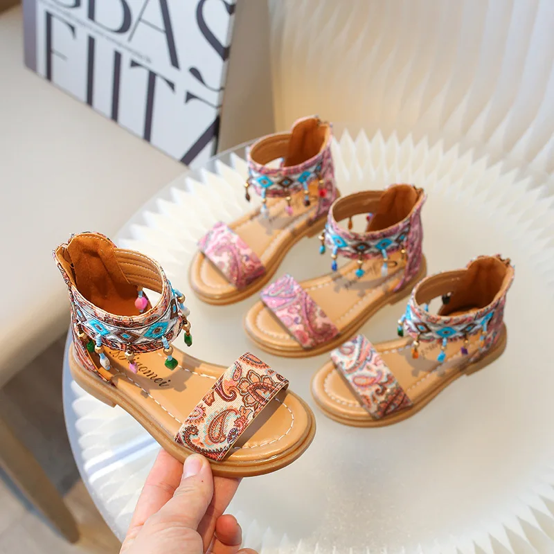 

2024 Summer New Girls Fashion Princess Ethnic Style Small and Large Children Fringe Soft Soled Roman Shoes