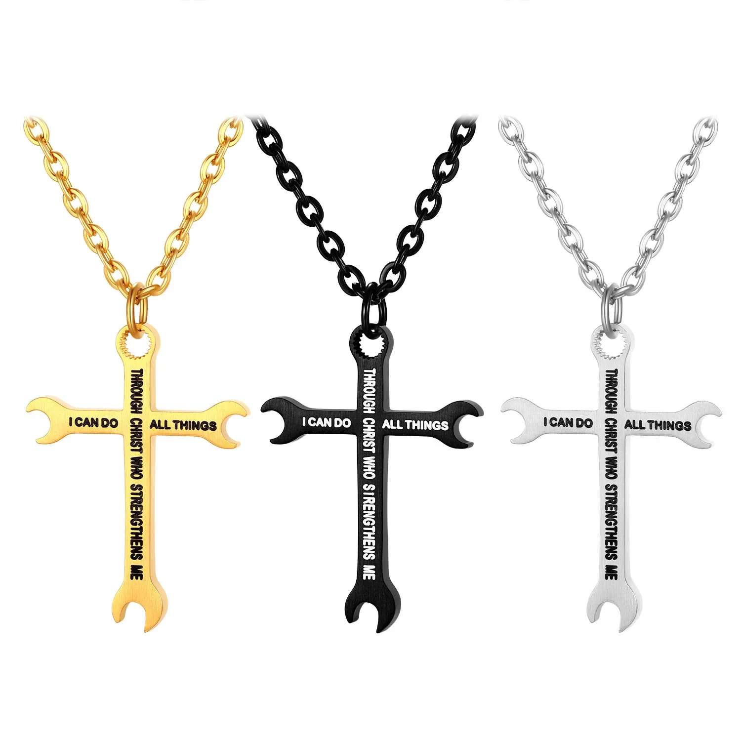 Wrench Philippians 4:13 Cross Bible Prayer Pendant Titanium Steel Necklace 22in