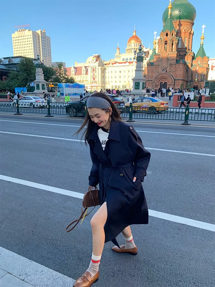 

Женское пальто, весна-осень, новое облегающее двубортное длинное пальто k, синее корейское свободное пальто из полиэфирного волокна