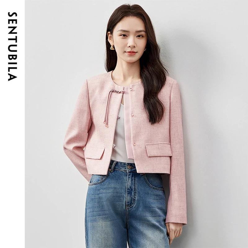 

SENTUBILA Chinese Style Jackets Women 2025 Spring Pink Elegant Cropped Round Neck Long Sleeve New in Coats & Jackets 151W58685