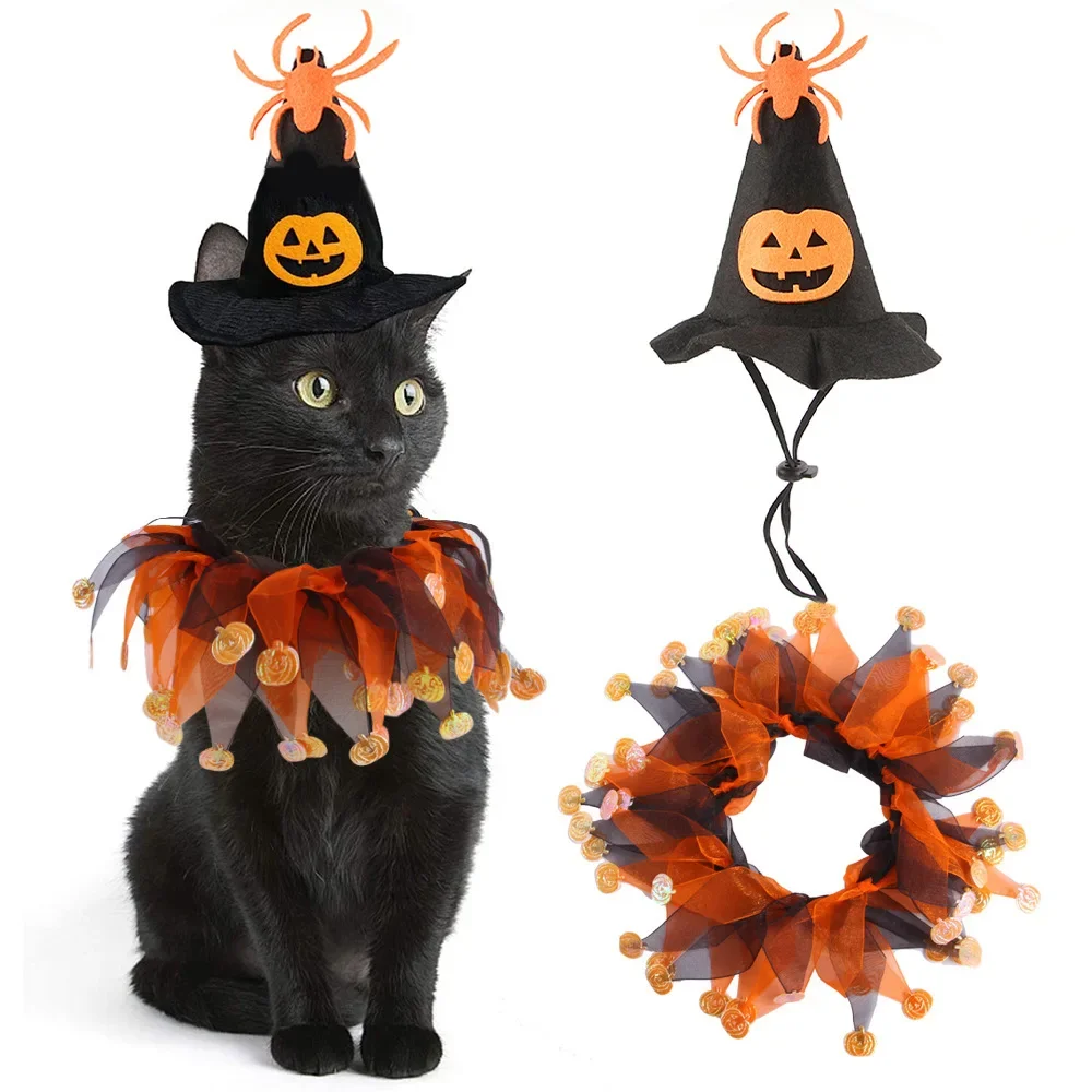 Pet Halloween Hat Scarf Set Cat Cape Hat Set Accessories Dog Collar Pet Pumpkin Mesh Necklace Dog Halloween