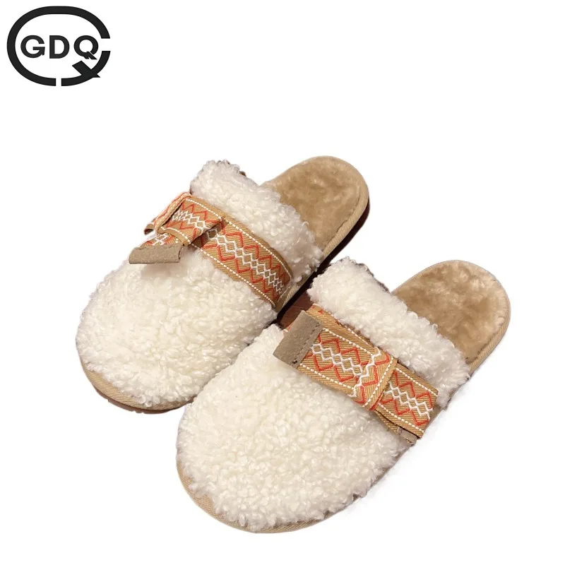 

GDQQ 2024 Buckle Strap Wool Mocasines Women Fur Flats Winter Bare Foot Cotton Shoes Lady Warm Lambswool Loafers Fleeces Ballets