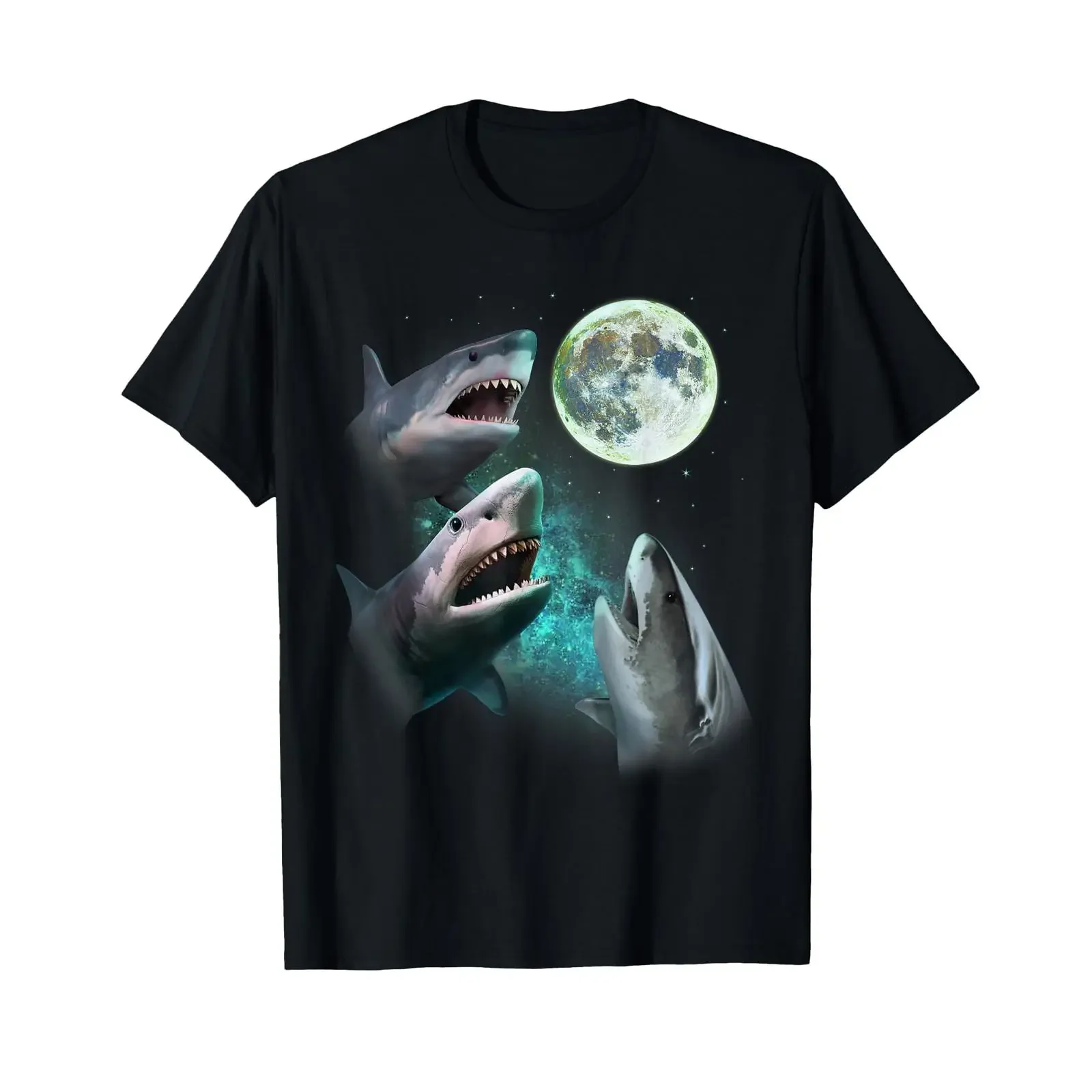 Three Great White Sharks Howl at Moon 3 Wolfs Funny Parody T Shirt vintage Washed Unisex streetwear Comfortable graphic