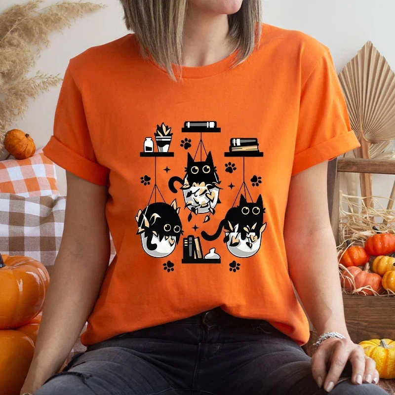 Kittens in Plant Pots Ladies T Clothing T-shirts Fashion Female Graphic Tees Cute Black Cats Print Summer Casual Cotton Clothes