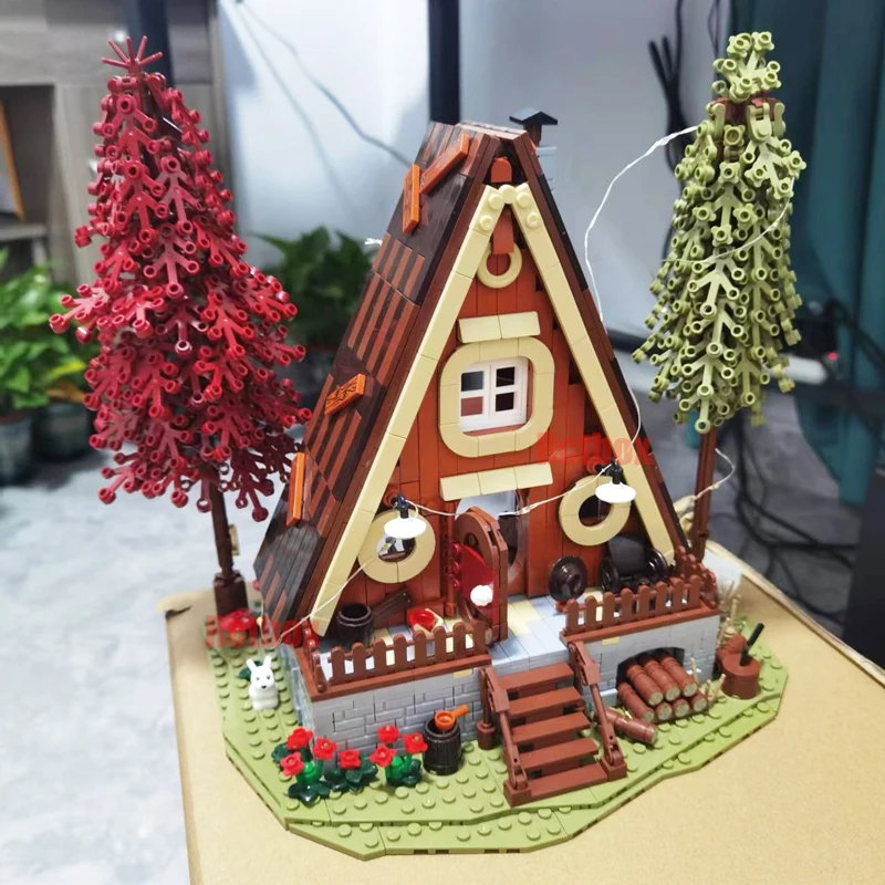 2023 NEW A-Frame Cabin Forest Wooden House Building Block Treehouse With Lighting City Street View MOC Bricks Toys For Kids Gift