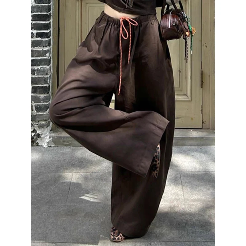 PBAP sznurkiem jednolita, na co dzień szerokie spodnie damskie kieszenie w pasie bawełniane podkowy spodnie oversize Vintage Y2k Streetwear