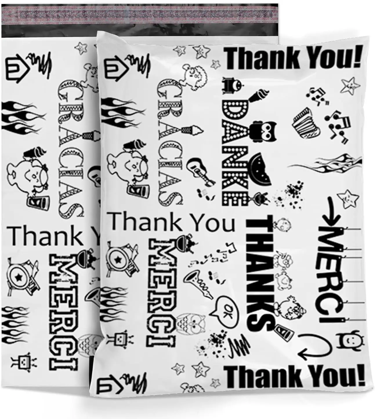 

10x13 Glossy Thank You Poly Mailer Bags, Waterproof Shipping Envelopes, 2 Mil, Permanent Seal, 100 Pack, Multi-Language