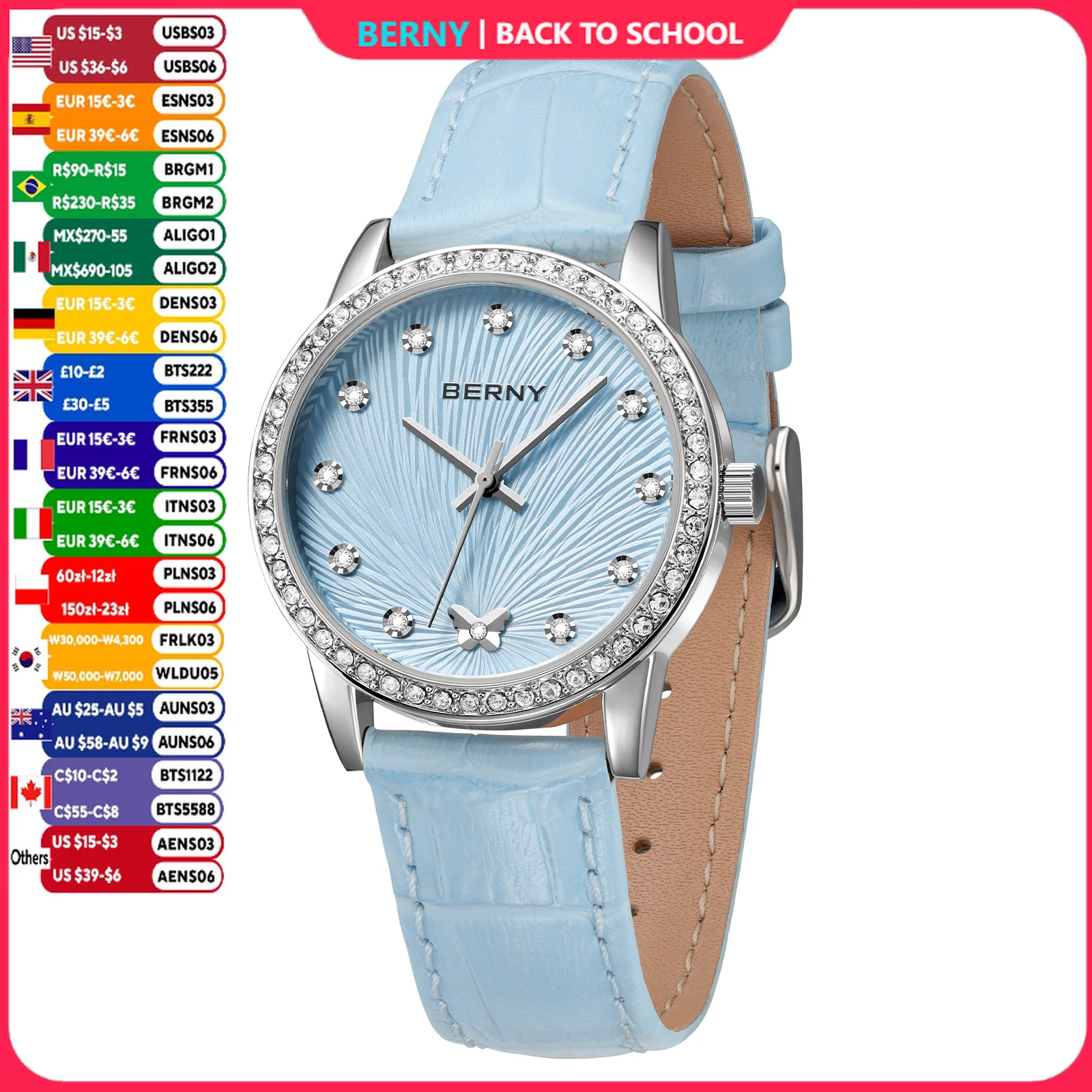 BERNY Watches for Women Stones Luxury Elegant Ladies Quartz Watch Leather Strap Fashion Girls Dress Business Daily Wristwatch