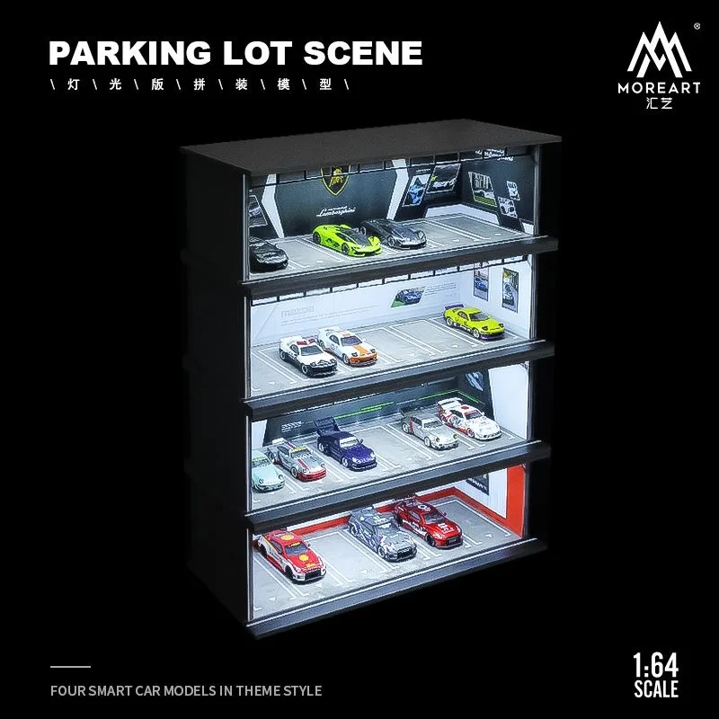 Timemicro+MoreAr 1:64 Car model storage Parking Garage Car theme assembly scene Display box dust cover with LED light dust cover