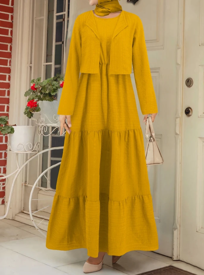 

Women's Dress Set Fashion Commuting Casual Notched Collar Long Sleeve Cardigan Coat and Solid Round Neck Sleeveless Maxi Dress