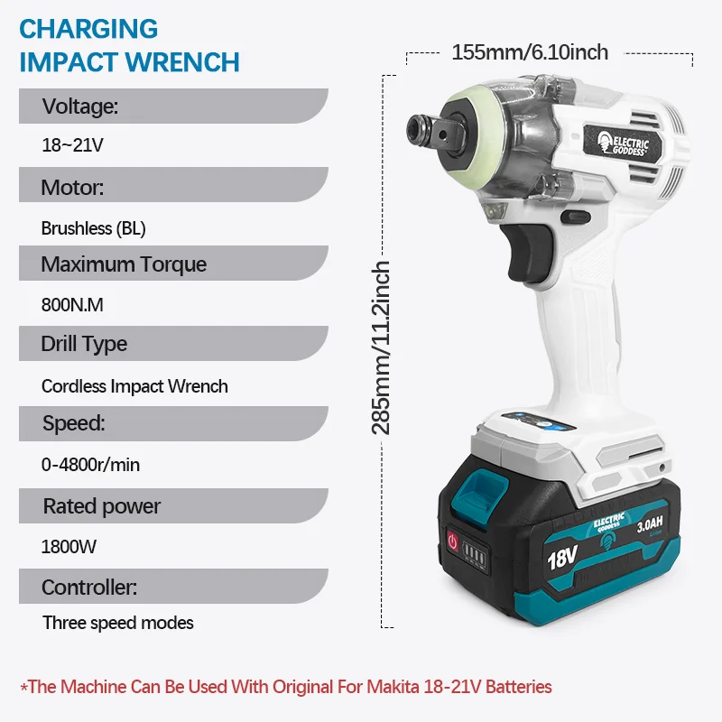 Electric Goddess 800N.M Brushless Electric Impact Wrench 3 Gears Cordless Electric Screwdriver Power Tool for Makita 18V Battery