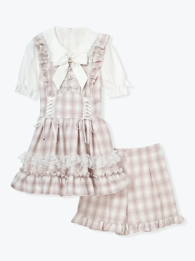 Japanse Mijn Zoete Jurk Set Zomer 2025 Meisjes Vrouw Leuke Boog Kant Schimmel Rand Plaid Top Shorts 2 Delige Set Lolita Outfit