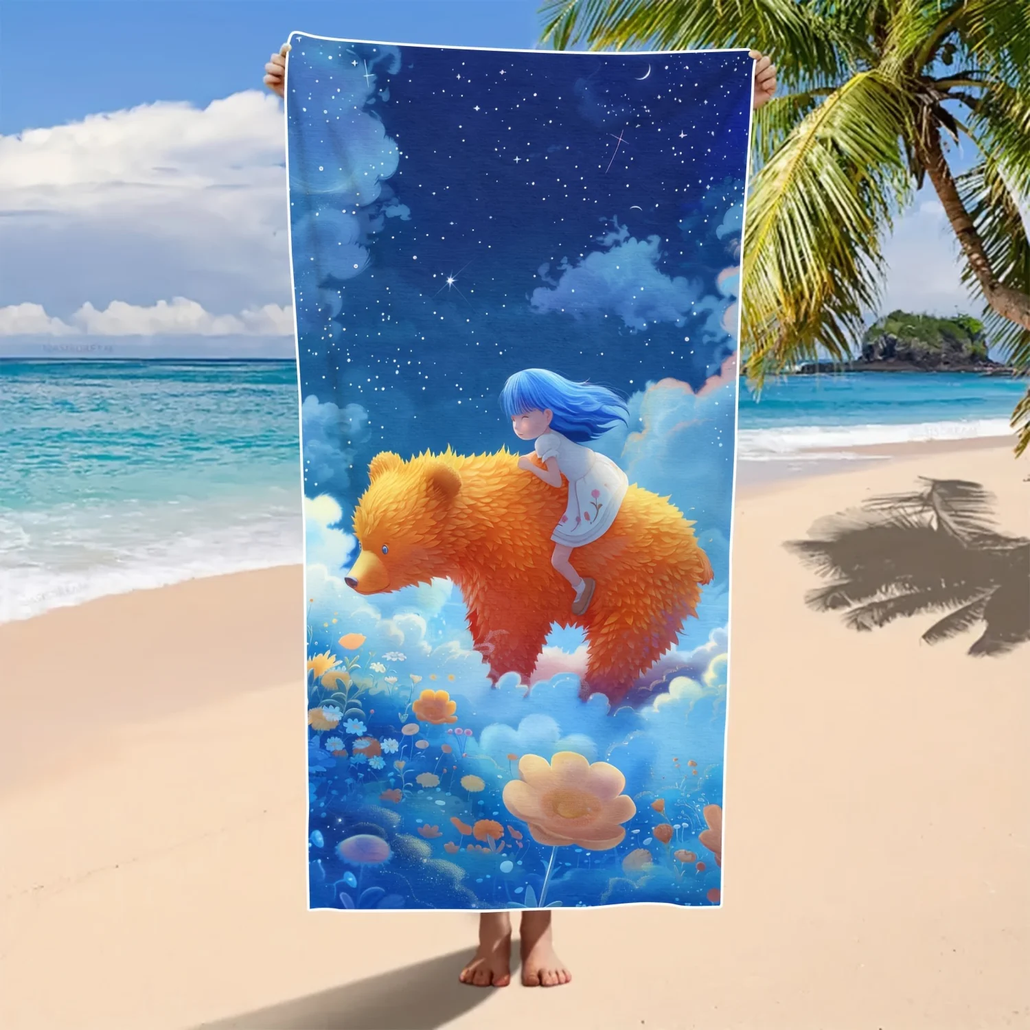 Dreamy Starry Bear Ride Beach Towel Patterned Sunscreen And Windproof Suitable For Swimming Pool Camping Travel Blanket