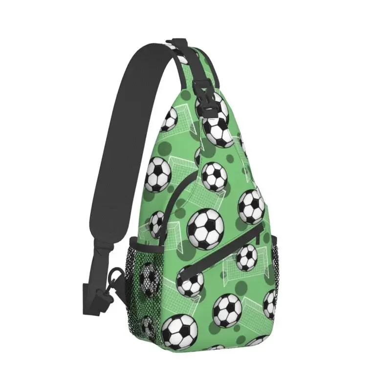 Soccer Ball And Goal Green Pattern Sling Chest Bag Custom Football Shoulder Crossbody Backpack for Men Cycling Camping Daypack