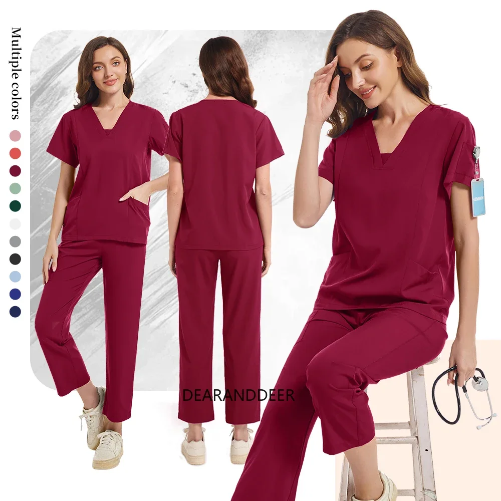 New style matte washable pure color work uniform medical belt pocket pants nurse hospital doctor surgery beauty salon set