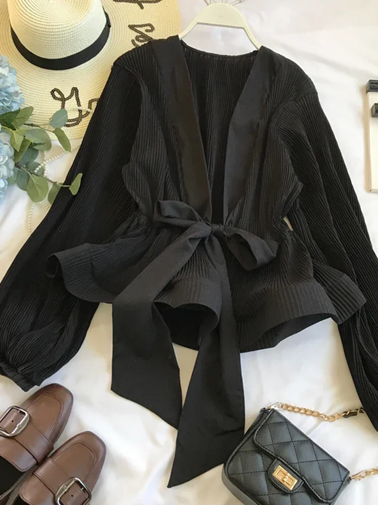 

Women Solid V-neck Pleated Lace Up Bow Ruffled Lantern Sleeve Chiffon Shirt Top Y2k Sweet Korea Girl's Summer 2023 SM2982