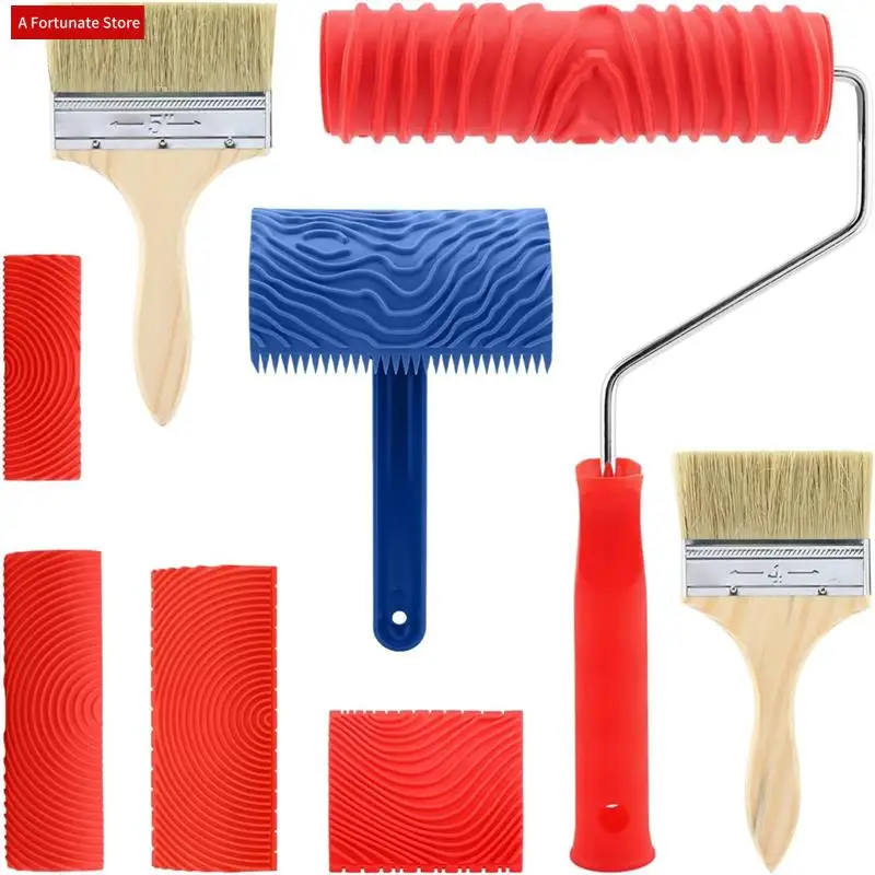 8 Pieces Wood Paint Tool Set, Texture Roller, Graining Rocker, Paint Brushes For Wall, Floor, DIY Room Decoration-A78G