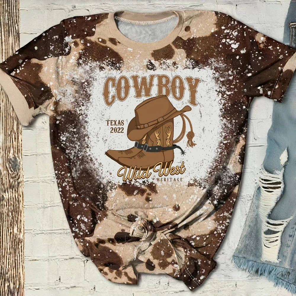 

Leopard Print Cowboy Boots Print Vintage Women's Loose T-shirts Western Cowboys Style O-neck Short Sleeves T shirt Casual Tops