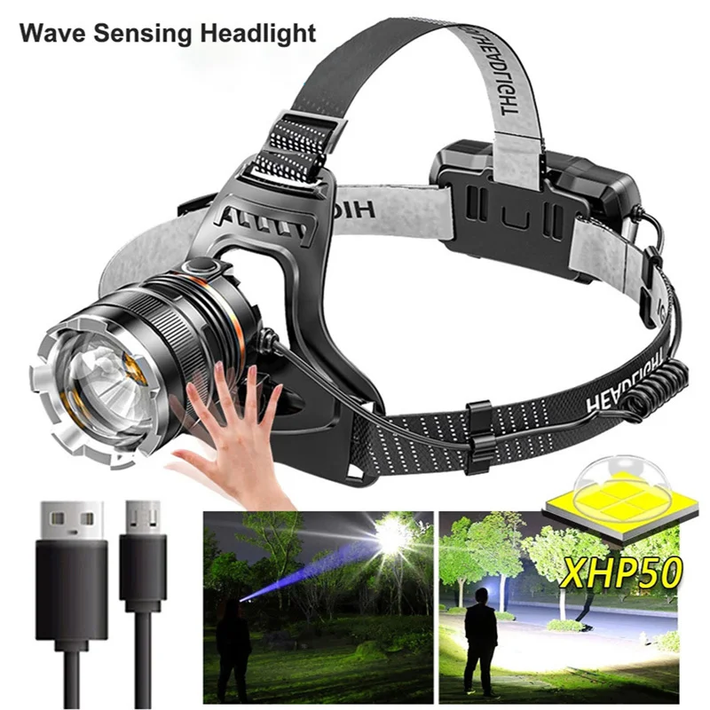 

XHP50 LED Sensor Headlamp Waterproof Head-mounted Head Light Powerful Rechargeable Head Flashlight for Outdoor Fishing Camping