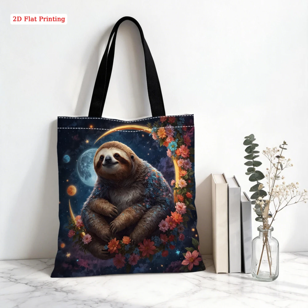 1Pc Fashion Shoulder Bag Blue Starry Sky Sloth And Floral Print Tote Bag For Shopping Travel Work Daily Use Large Capacity Stora