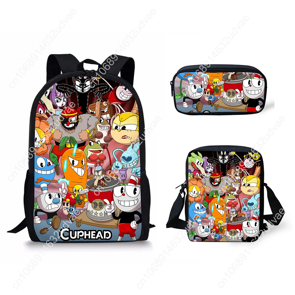 Classic Youthful Cuphead Pattern 3D Print 3pcs/Set Student Travel bags Laptop Daypack Backpack Shoulder Bag Pencil Case