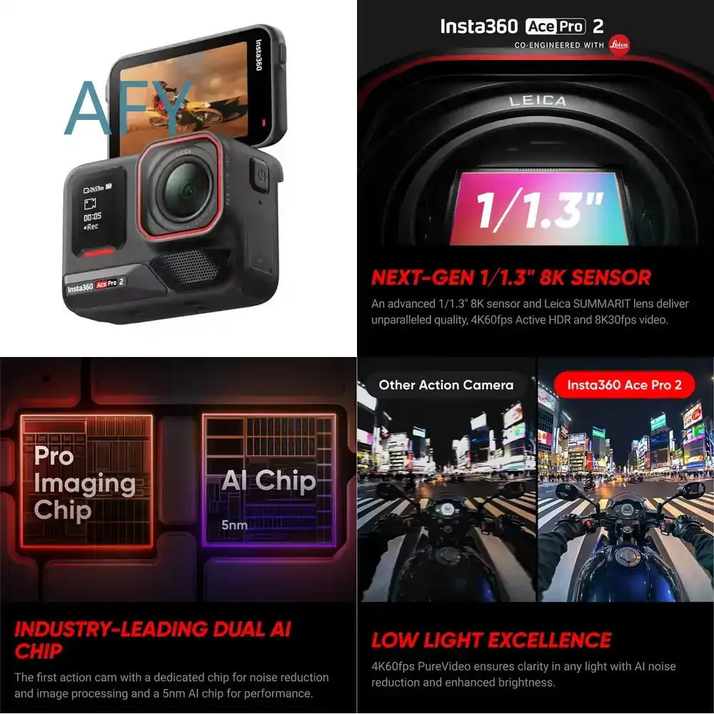 Insta360 Ace Pro 2 for Action Camera 8K Waterproof 360 Camera for Sports Photography Low Light Performance Dual AI Chip CMOS