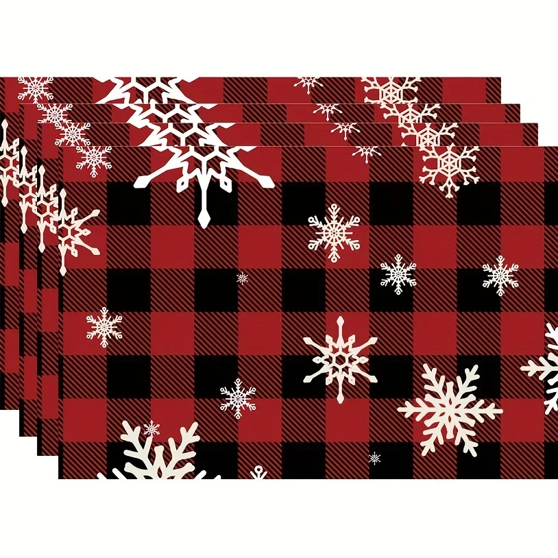 4pcs ChristmasTheme Placemats Red Black Plaid Decorative Table Pad Festival Snowflake Santa Claus Deer Pattern Table Mats