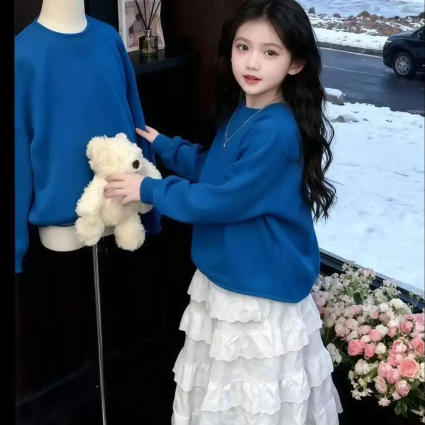Winter Girls Sweater Skirt Set Blue Knitted Top Ruffle Hem Skirt 2 Piece Outfit Kids Fashion Clothing Toddler Suit