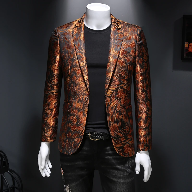 Plus Size 6XL-M Luxury Men Jacquard Slim Fit Blazer Stage Performance Metal Gold Yarn Casual Suit Jacket Formal Stage Costumes