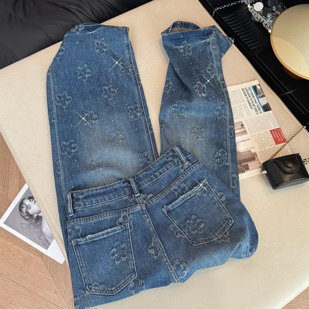 Flower Embroidery Rhinestone Jeans For Women French Fashion High Street Straight Leg Denim Pants Casual Retro Appliques Trousers