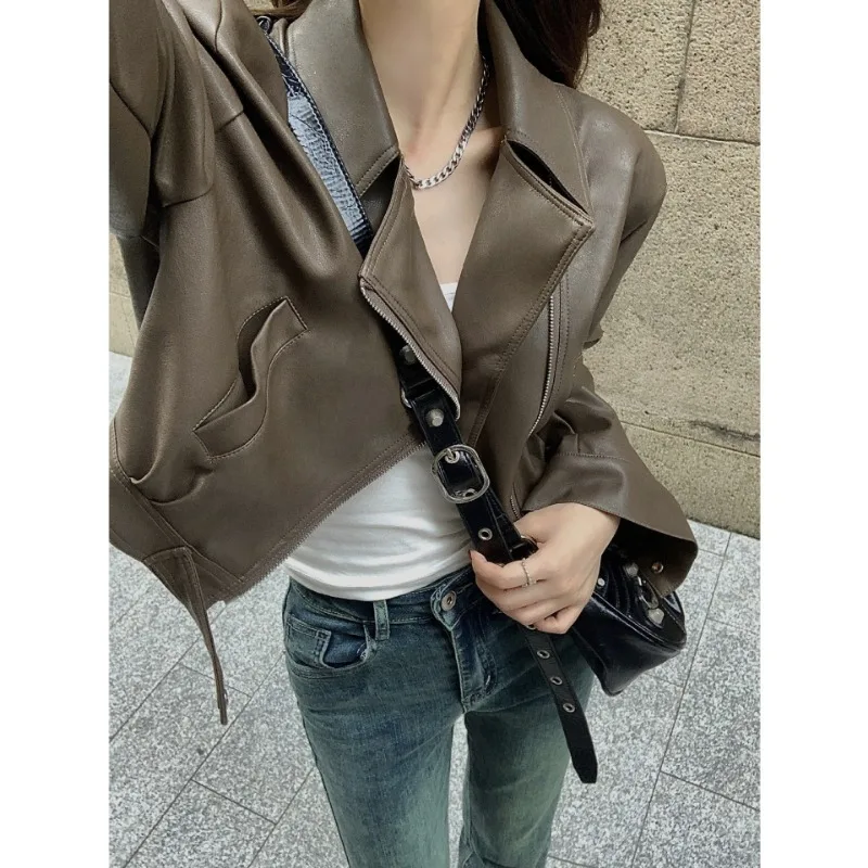 Brown Short Leather Jacket Women's American Style Retro Motorcycle Cool Hot Autumn New Short Jacket for Women