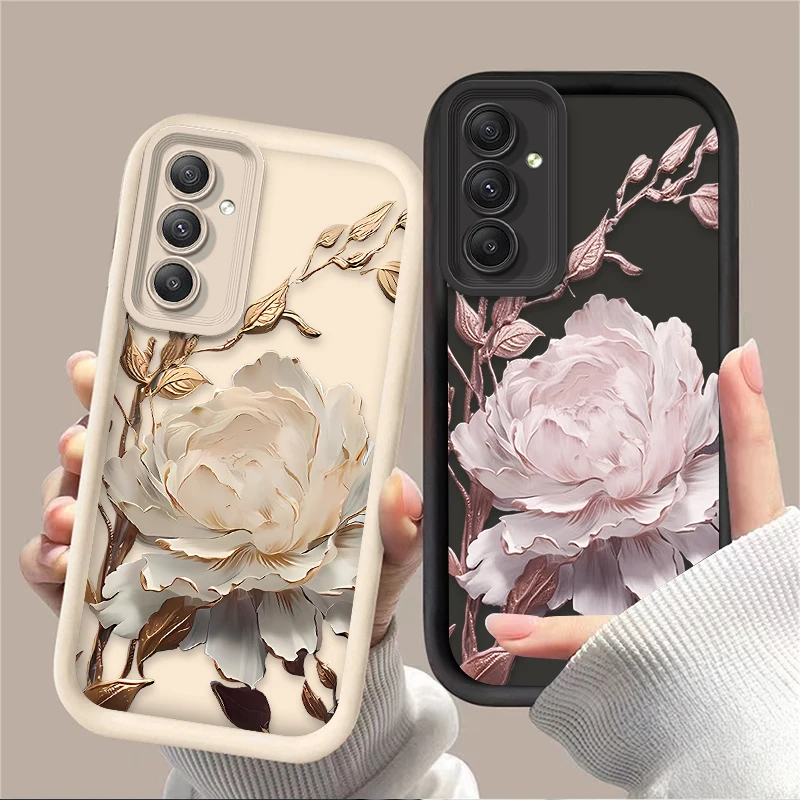 Fashion Metal Lotus Phone Case for Samsung Galaxy A35 A55 A15 A25 A16 A06 A05 A05S A24 A13 A23 A12 A22 A32 A52 A71 A51 4G Cover