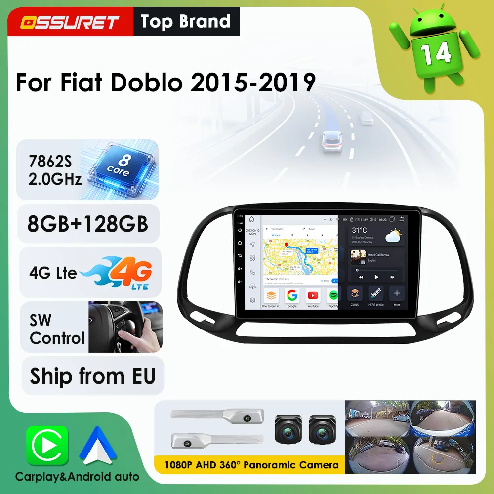 9"7862 AI Voice Carplay Android Autoradio für Fiat Doblo 2015 - 2019 Multimedia-Videoplayer GPS-Navigation Stereo-Audio 2DIN 360-Grad-Kamera Head Unit RDS DSP 4G Wifi BT Bildschirm