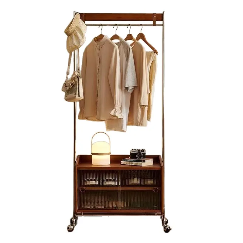 

Solid wood coat rack mobile multi-functional entrance storage stainless steel coat rack