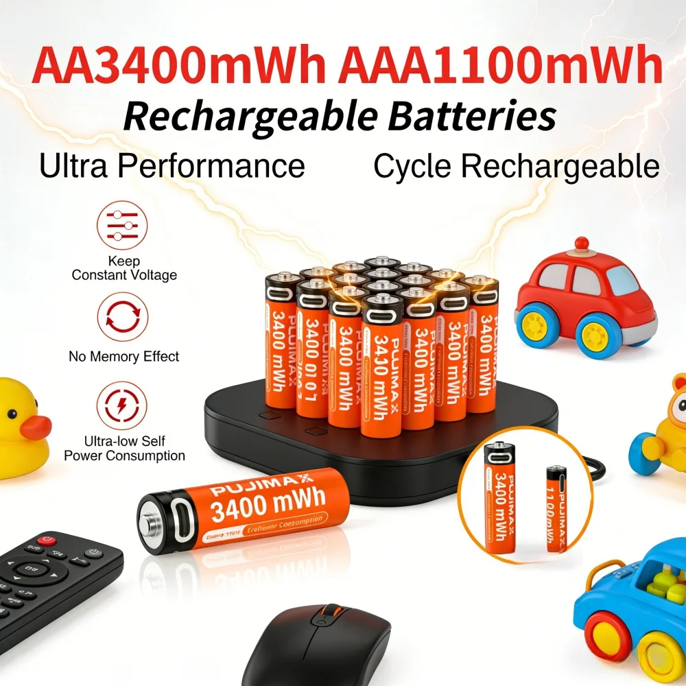 

Rechargeable 1.5V AA and AAA 3400mWh 1100mWh Lithium Batteries Type-C Charging for Remotes Alarm Clocks & Toys