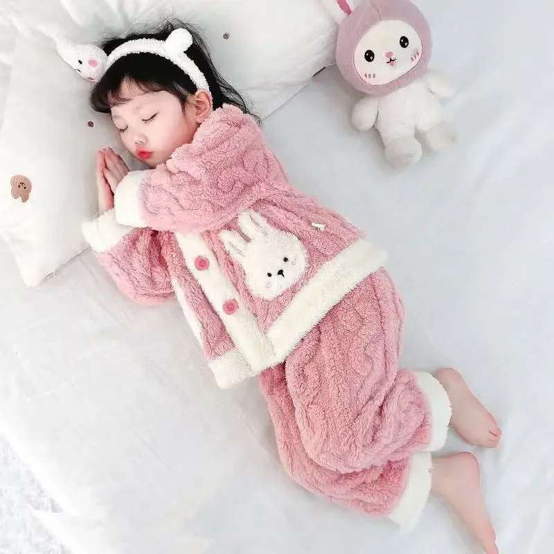 

Girls Flannel Pajamas Set Children Coral Fleece Sleeping Girls Home Clothes Autumn Winter Baby Plus Velvet Thickening Sleepwear