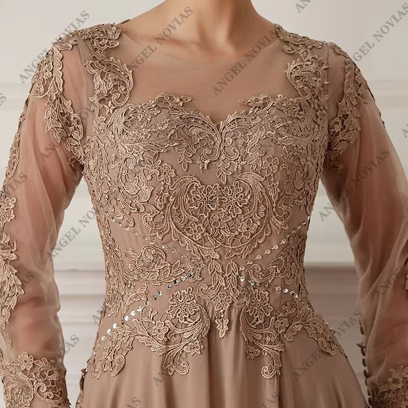 Robe mère de la mariée en mousseline de soie champagne, manches longues, robe de soirée de mariage, 85348