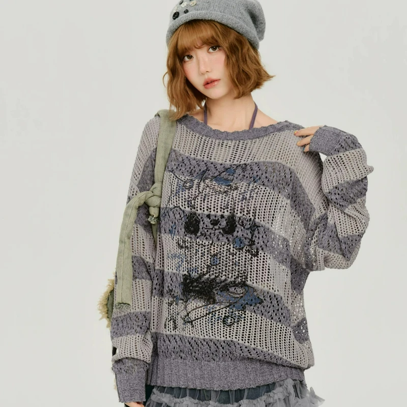 American Retro Design Striped Splicing Thin Women's Sweaters 2026 Autumn New Sweet Cool Y2k Loose Knitted Pullovers Tops Ladies
