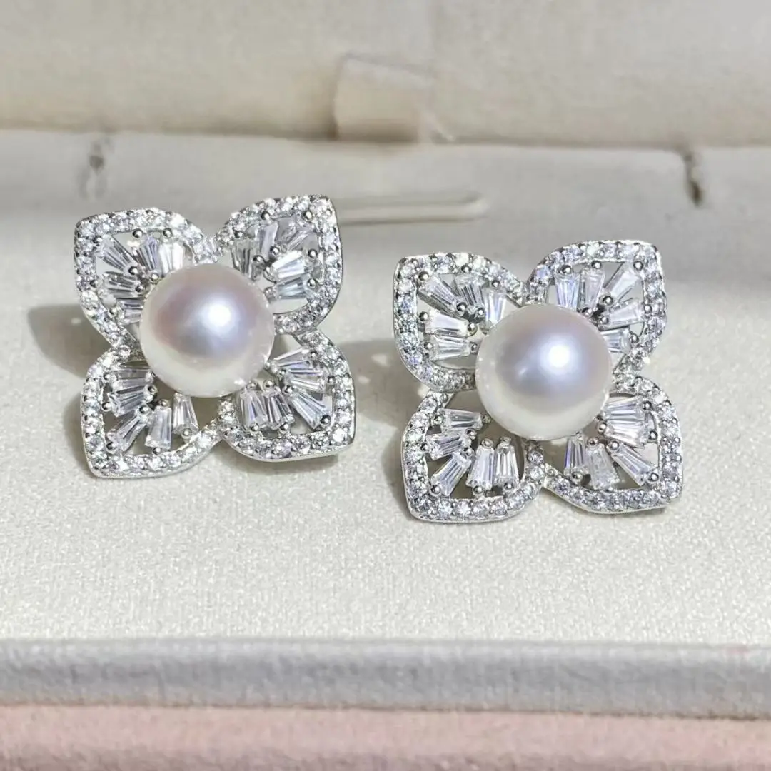 

S925 Sterling Silver Stud Earrings Mount Findings Settings Base Mounting Parts Accessory for 7-8mm Pearls