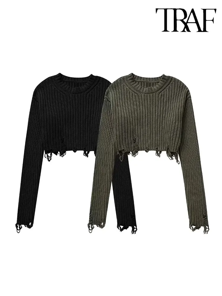 TRAF 2023 Autumn Y2K Women Short Sweaters Long Sleeve Frayed Knitted Jumper Pullovers Female Crop Top Pull Streetwear