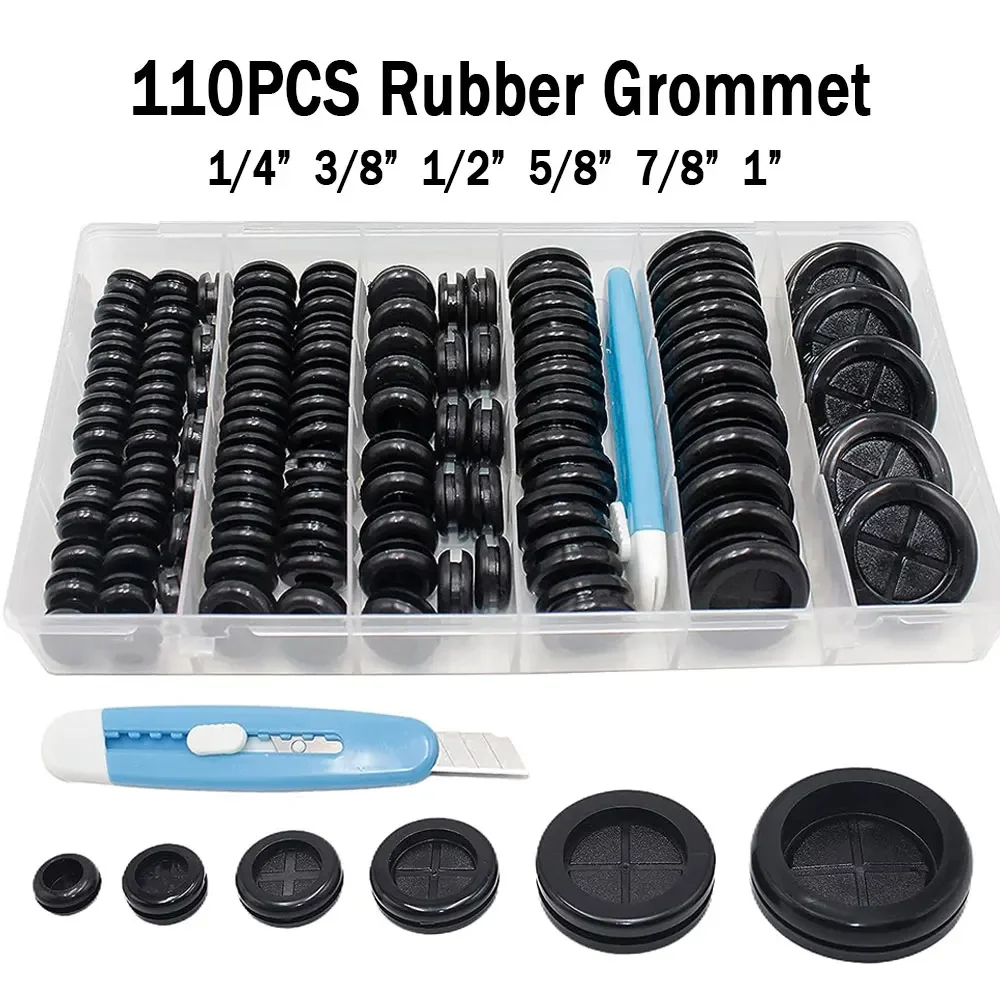 110pcs 6 Sizes Rubber Grommet Kit Double Sided Closed Round Hole Plug Set Drill Hole for Holes Firewall Wire Grommets Gasket Set