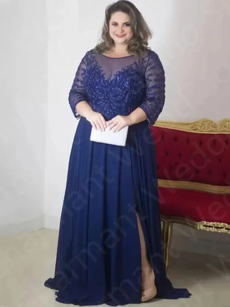 Robe mère de la mariée bleu marine, grande taille, quelle que soit la fente latérale, manches 2024, robes d'invité de mariage, 3/4