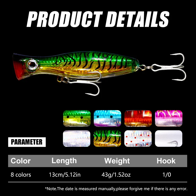 1pc  13cm 43g Big Popper Fishing Lure Bait Pesca Treble Hooks Crank Bait 3D Eyes Artificial Hard Bait Carp Pike Fishing Tackle