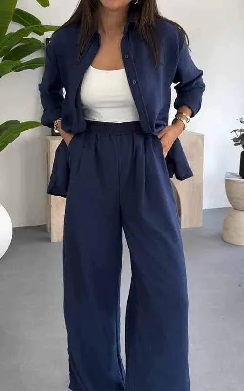 

Casual Commuting 2 Piece Set Fashion Spring Loose Lapel Single Breasted Long Sleeved Shirt High Waist Wide Leg Pants Set Women