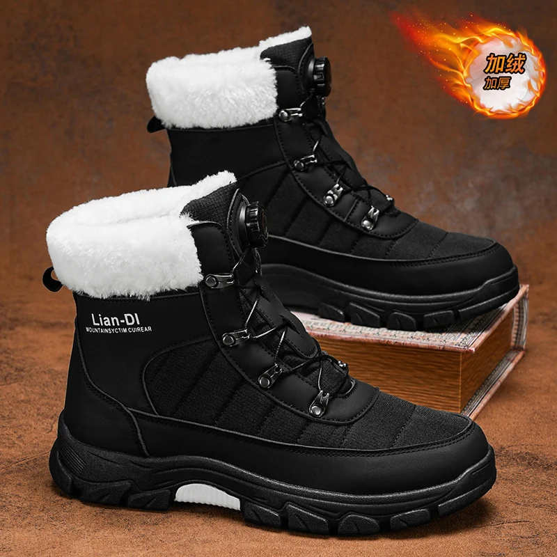 أحذية الثلوج الرجالية الشتوية 2025، مبطنة بالفرو الصناعي، سميكة ودافئة، تصميم من قطعة واحدة، غير قابلة للانزلاق، متينة، مقاس كبير، سريعة الجفاف، مناسبة