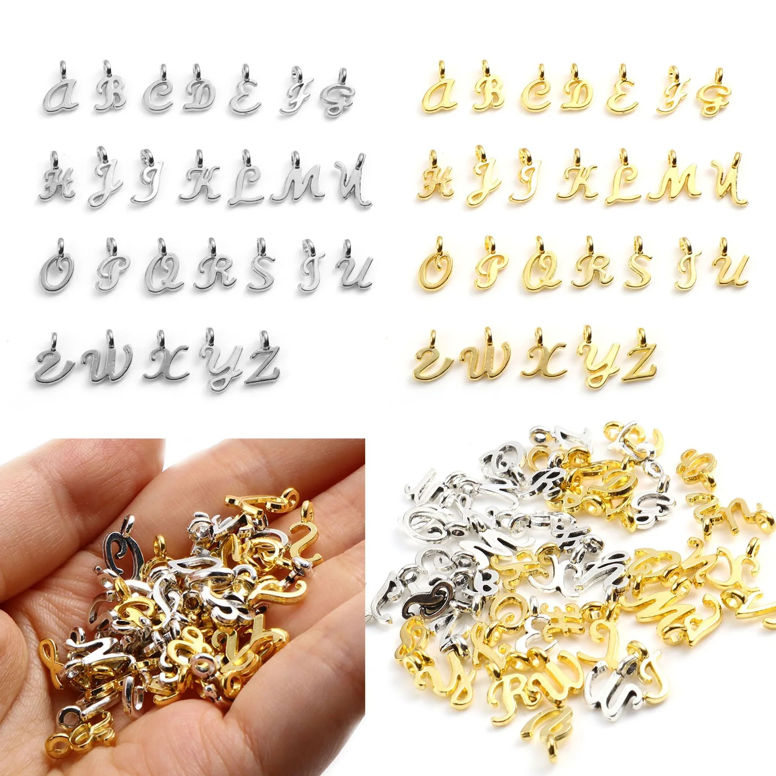 Fashion Metal Charms Capital Alphabet Letter Silver Color Pendants DIY Making Necklace Jewelry 13mm x 9mm, 1Set(26PCs/Set)