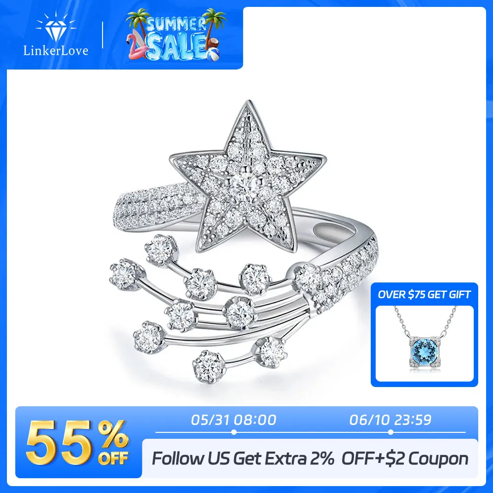 

LinkerLove S925 Sterling Silver Moissanite Star Open Ring for Women White Gold Plated Diamond Comet Meteor Wedding Band Jewelry